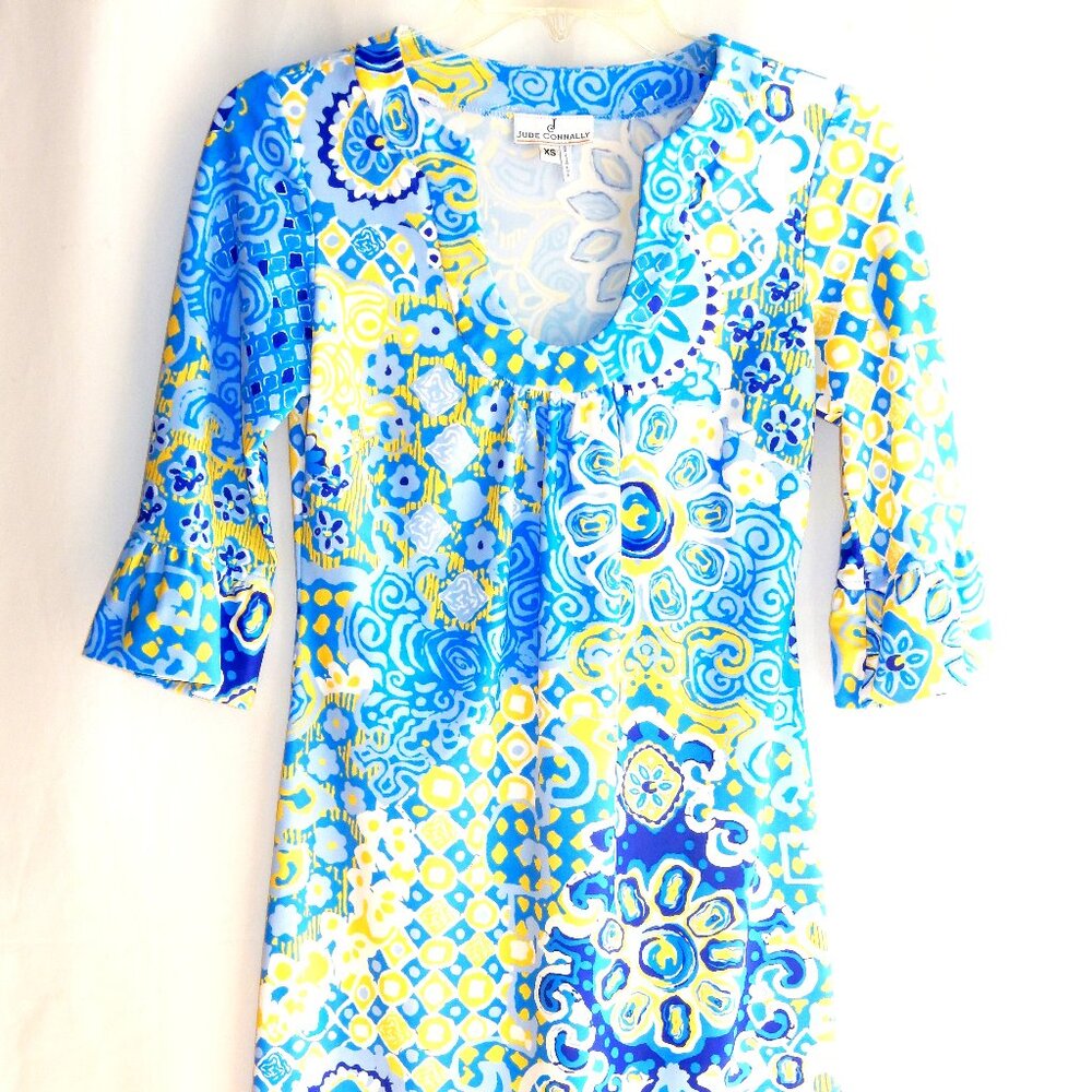Jude Connally Blue, Yellow, and White Knit Dress